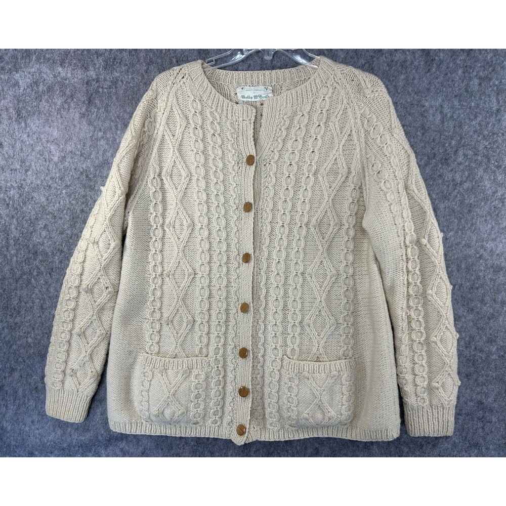 VTG Molly Mcgrath Hand Knit Cable Beige Cardigan Sweater Size M Ireland